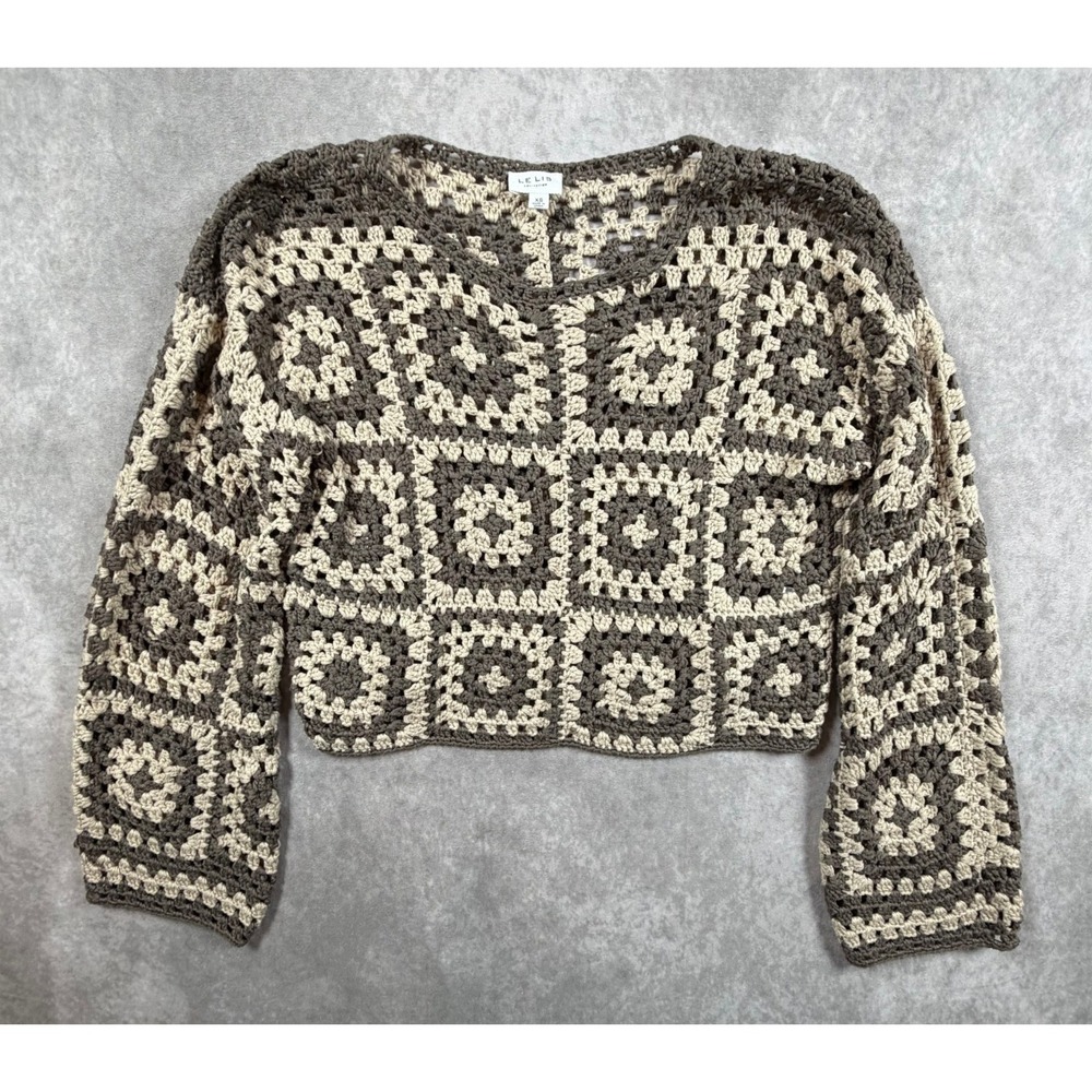 Le Lis Womens XS Sweater Brown Cream Crochet Granny Square Crop Long Sleeve Boho